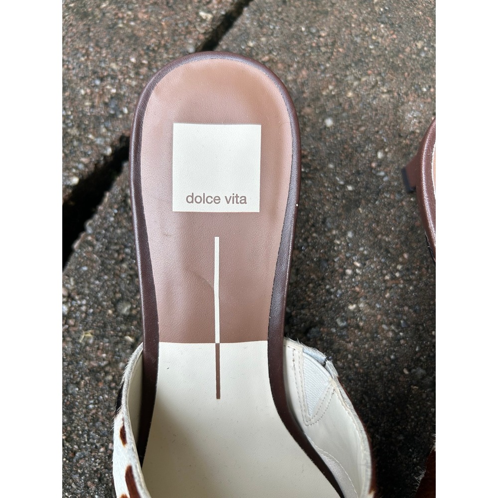Dolce Vita Lexy Cow Print Calf Hair Pointed Toe Kitten Heel Mules Brown White - Picture 12 of 16